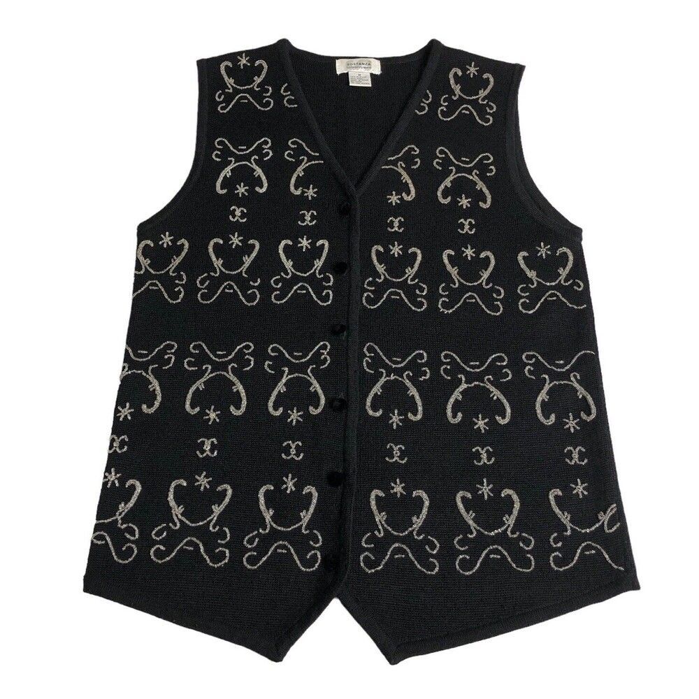 Vintage Sostanza Sweater Vest Womens Medium Black Beaded Acrylic Wool Blend‎ 90s